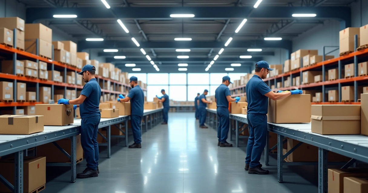 Funcionários trabalhando em um centro de preparação logística, organizando e embalando pedidos 