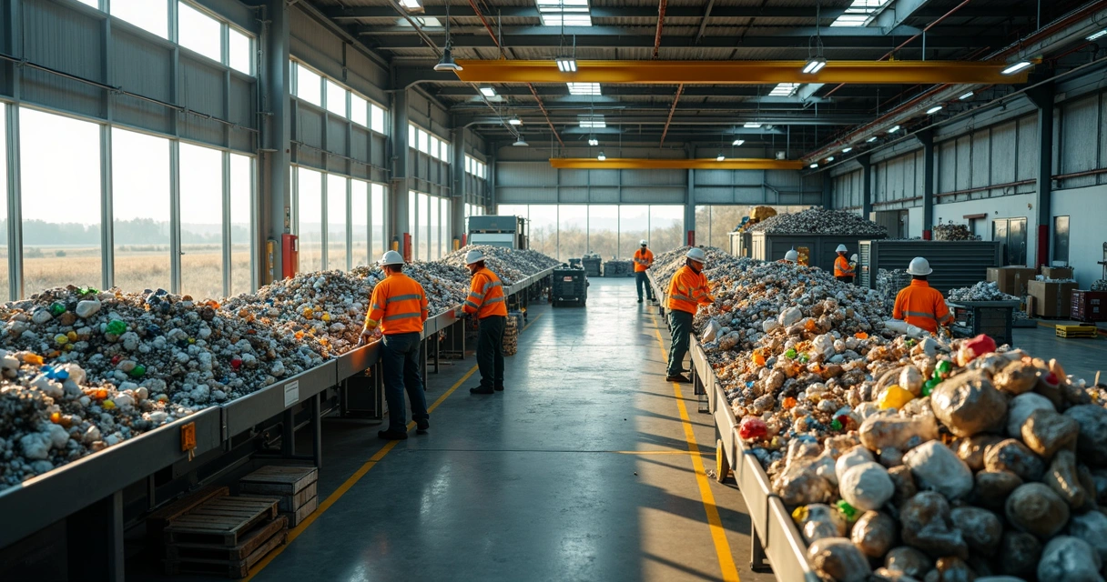 Centro de triagem compartilhado com trabalhadores separando materiais recicláveis.