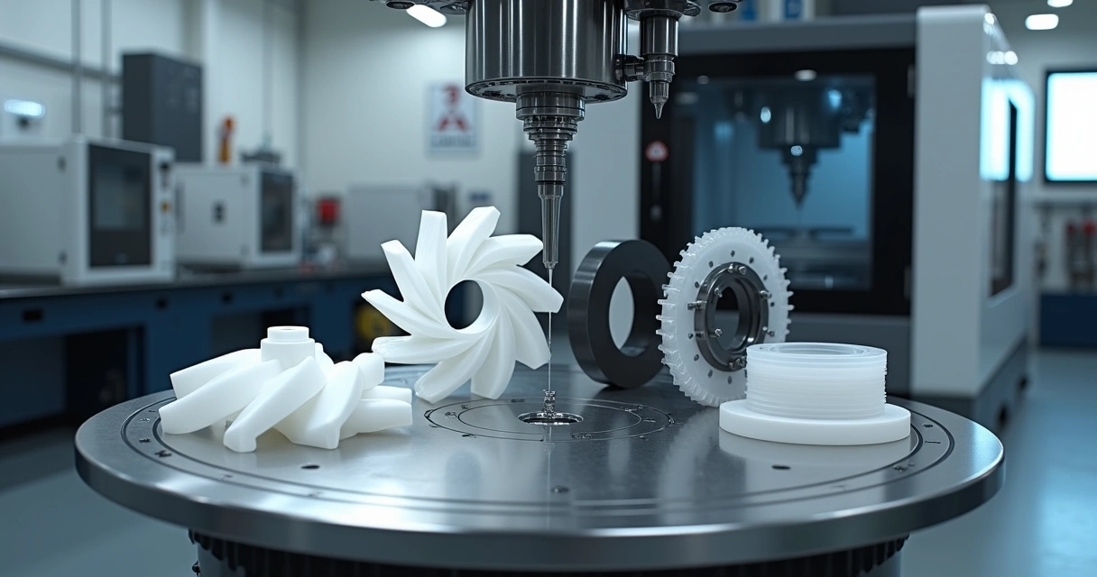 Centro de usinagem CNC multieixos trabalhando peças em plásticos de alta performance 