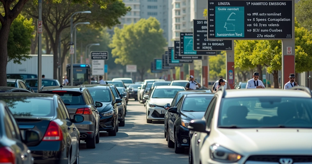 Centro de verificación vehicular con autos en fila para revisión 