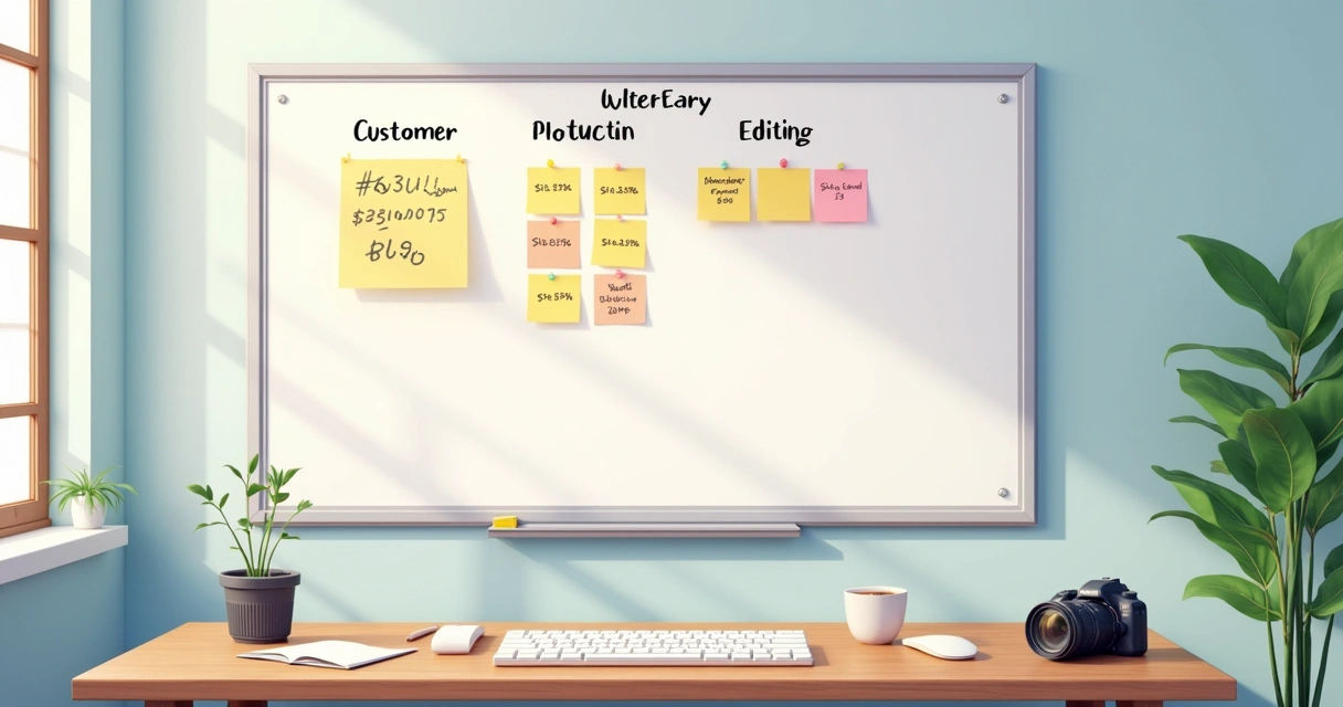 Quadro branco dividido em setores ilustrando centros de custo. 