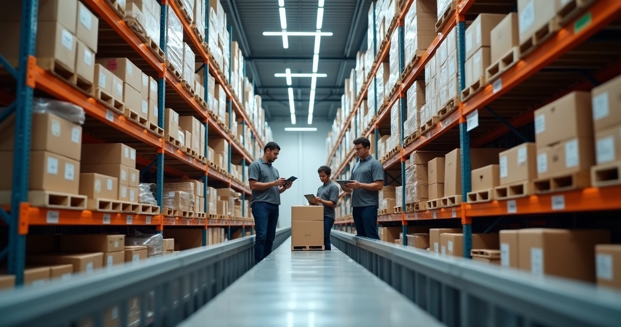 Centro de distribuição moderno com prateleiras e caixas organizadas, equipe verificando estoque com tablets 