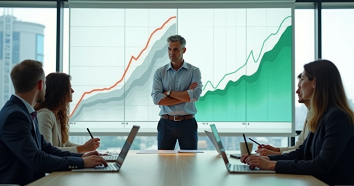 CEO em sala de reunião analisando gráfico de crescimento sustentável da empresa 