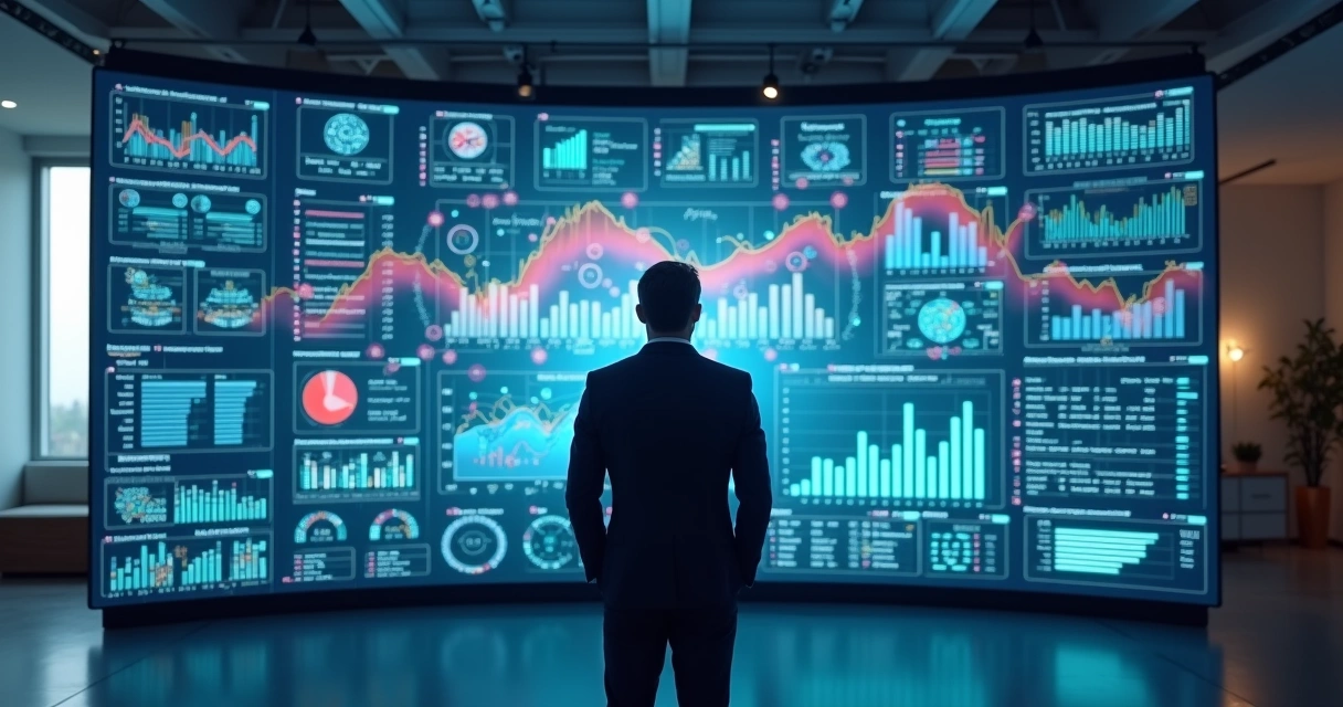 CEO examinando gráficos e conexões de negócios em uma tela digital 