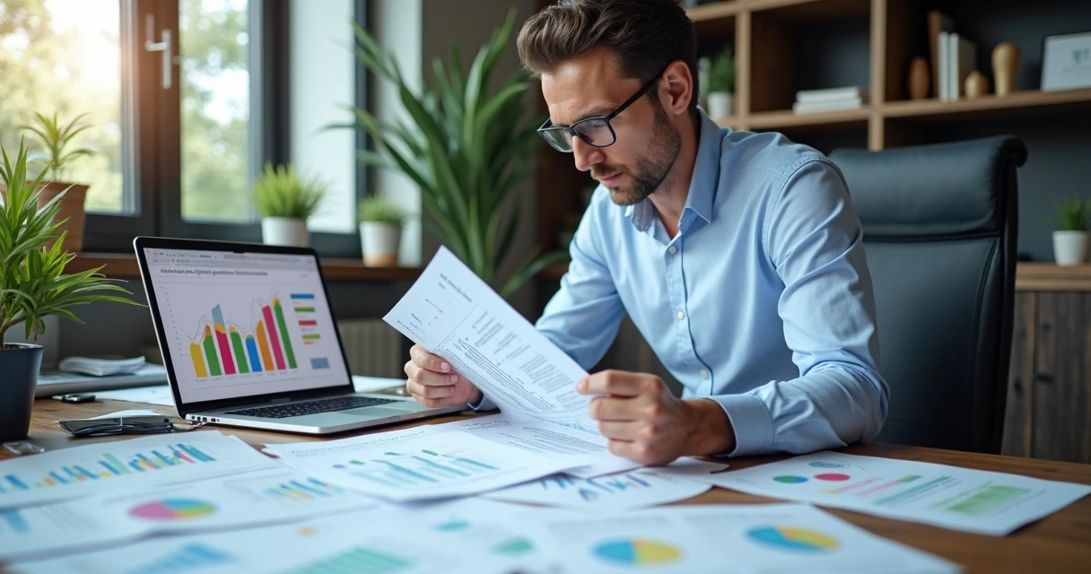 CEO de SaaS olhando planilha financeira com gráficos e relatórios de crescimento