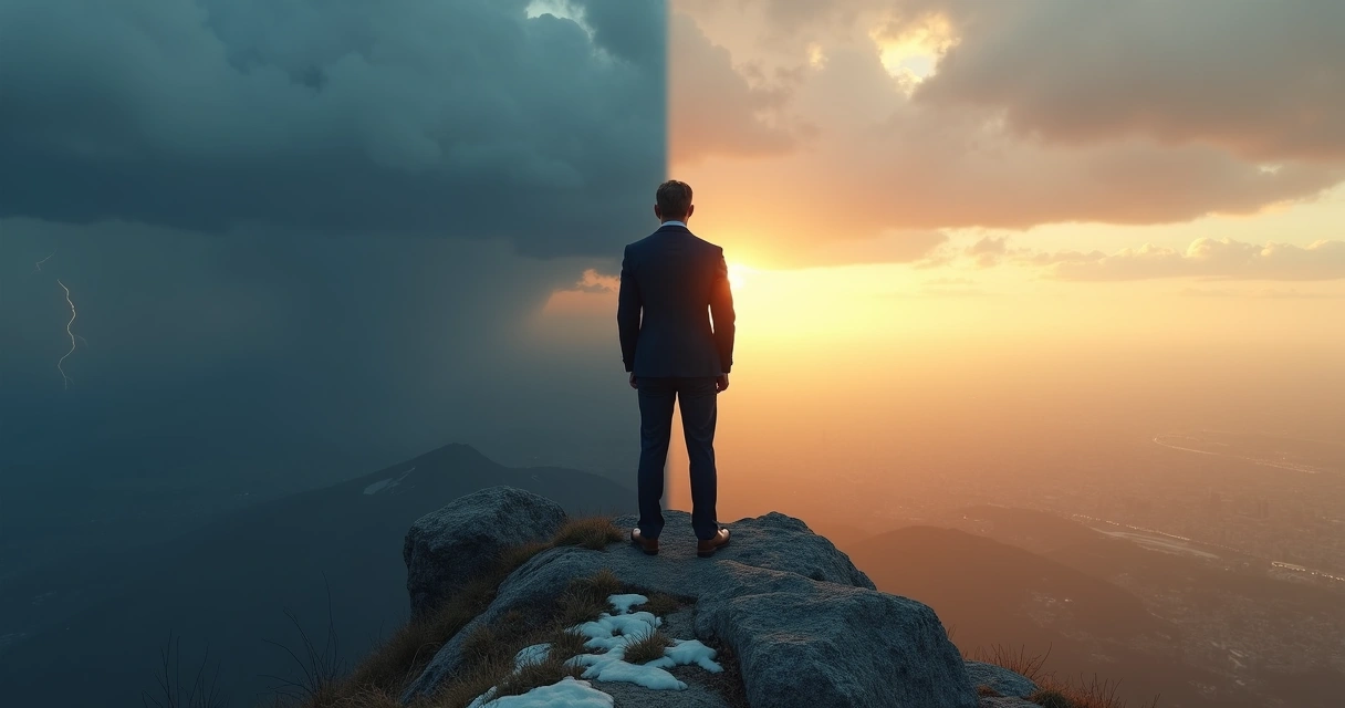 CEO em topo de montanha contemplando horizonte entre céu calmo e tempestade 