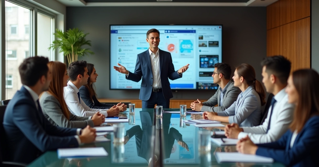 CEO falando com equipe em reunião moderna 