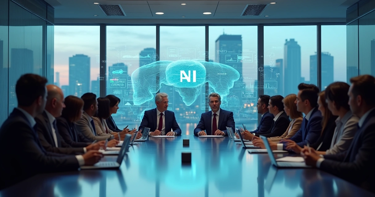 CEO e CPO analisando estratégia de IA em sala de reunião moderna 