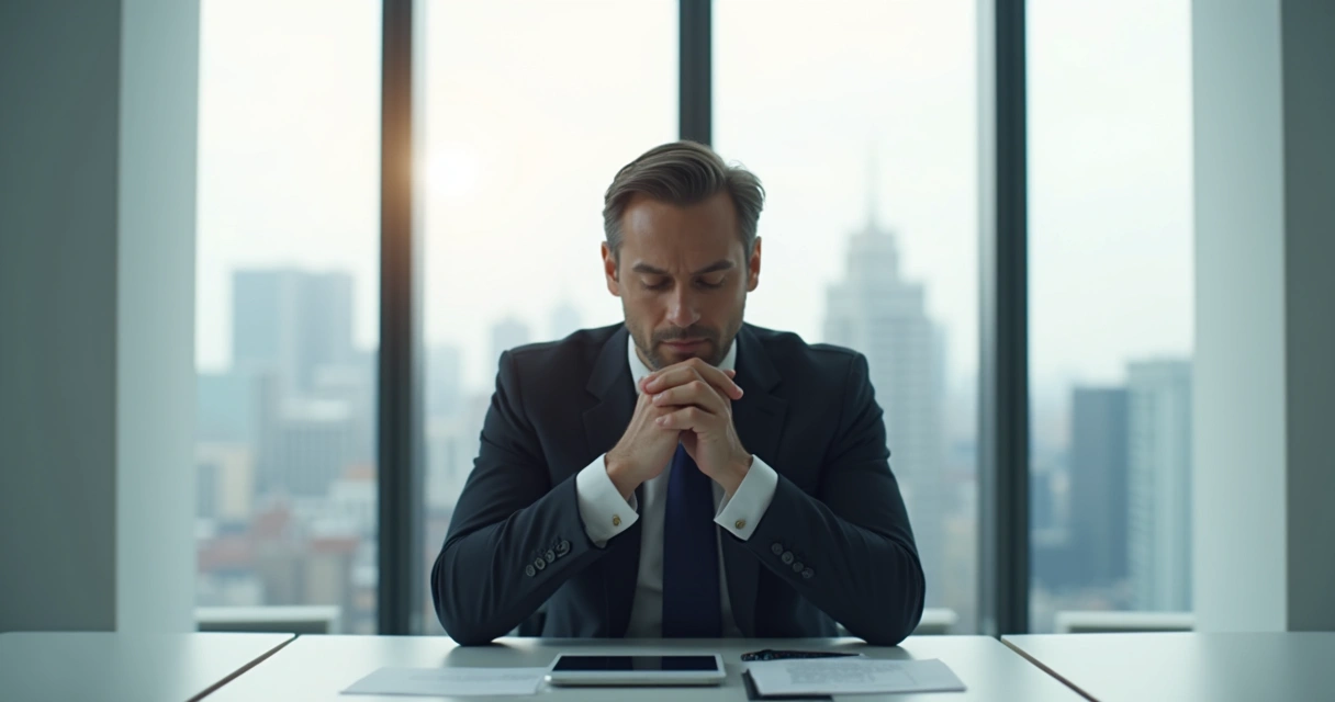 CEO pausing at their desk with a thoughtful expression, considering options