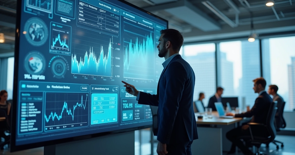 CEO observando dashboard com gráficos de IA e finanças 
