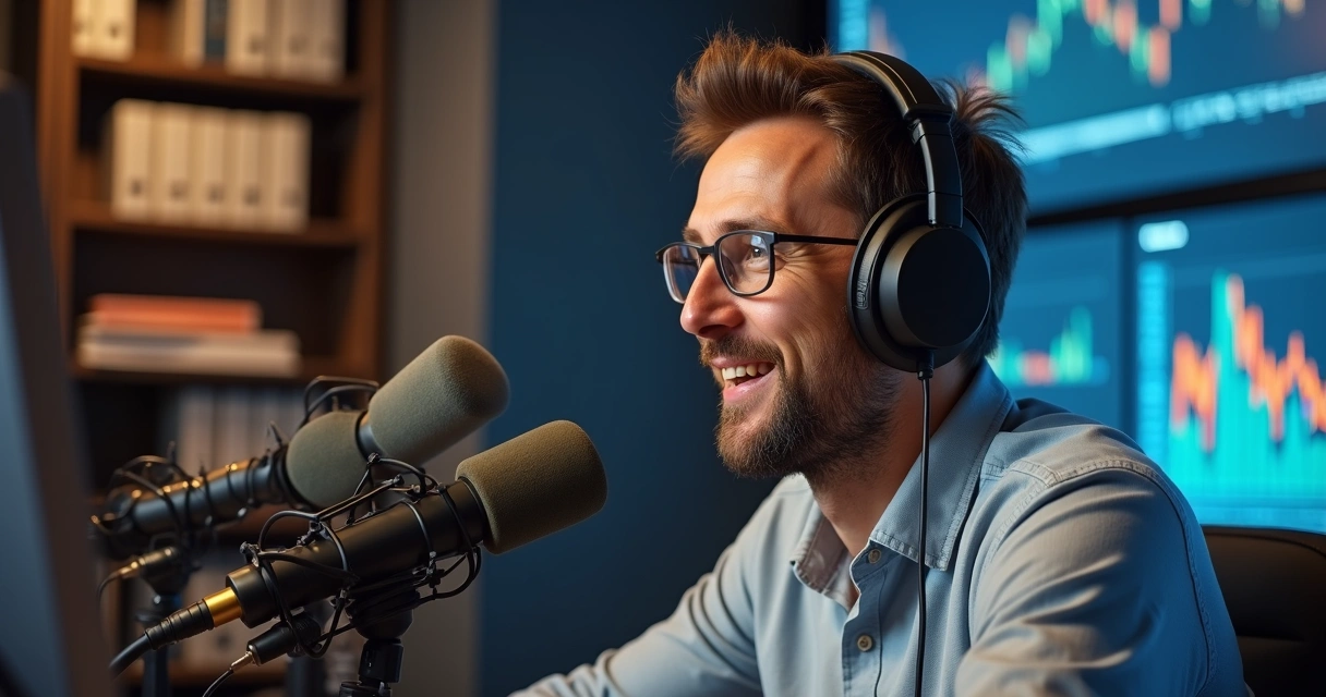 CEO participando de podcast empresarial com microfones e luzes 