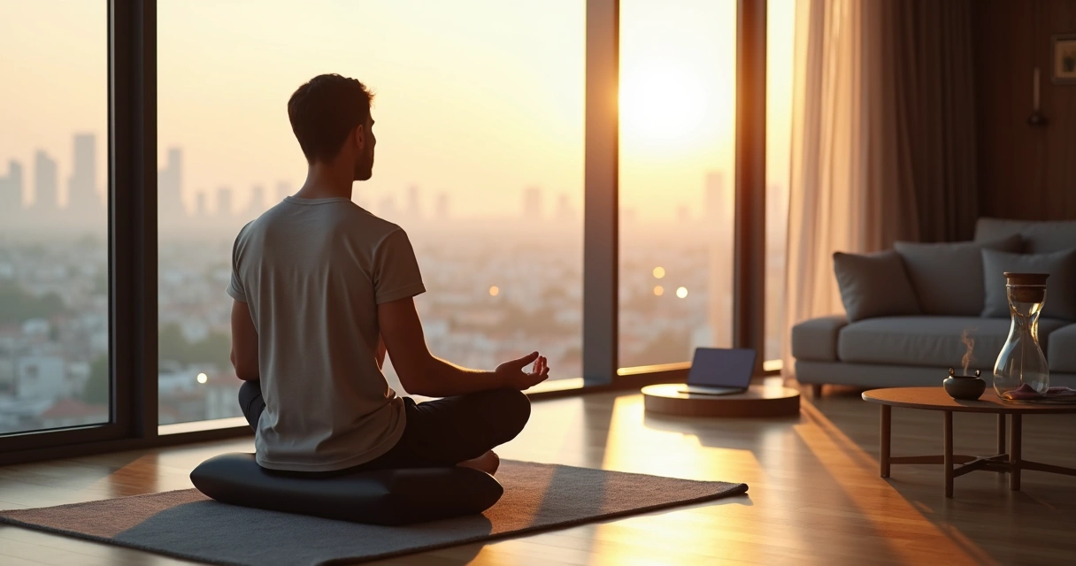 CEO meditating by window overlooking sunrise city skyline 
