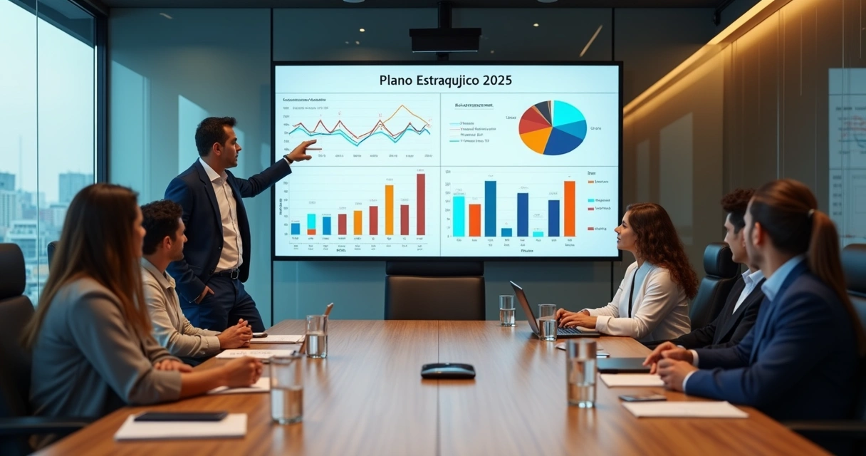 CEO apresenta estratégia em reunião com equipe de liderança 