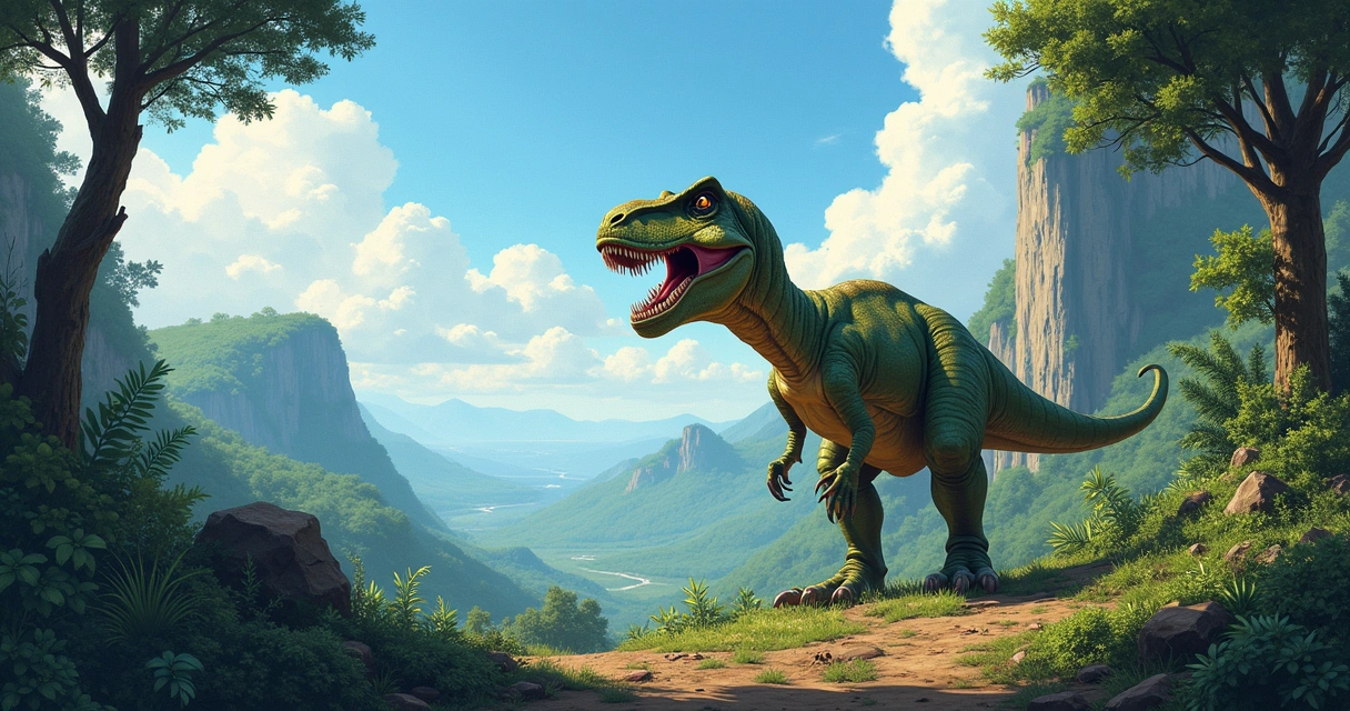 Ceratossauro em ambiente pré-histórico, mostrando vegetação densa e fósseis de dinossauros ao fundo.