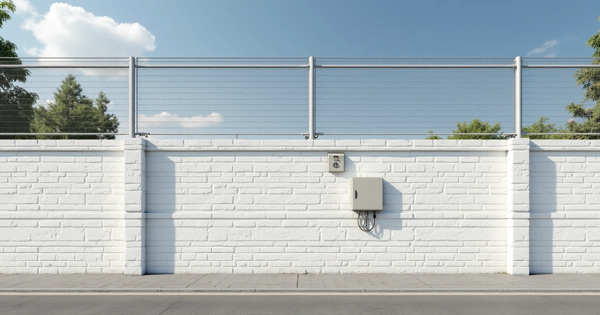 Cerca elétrica instalada sobre muro branco com fios paralelos, grampos de isolação e central de alarme na parede ao fundo 