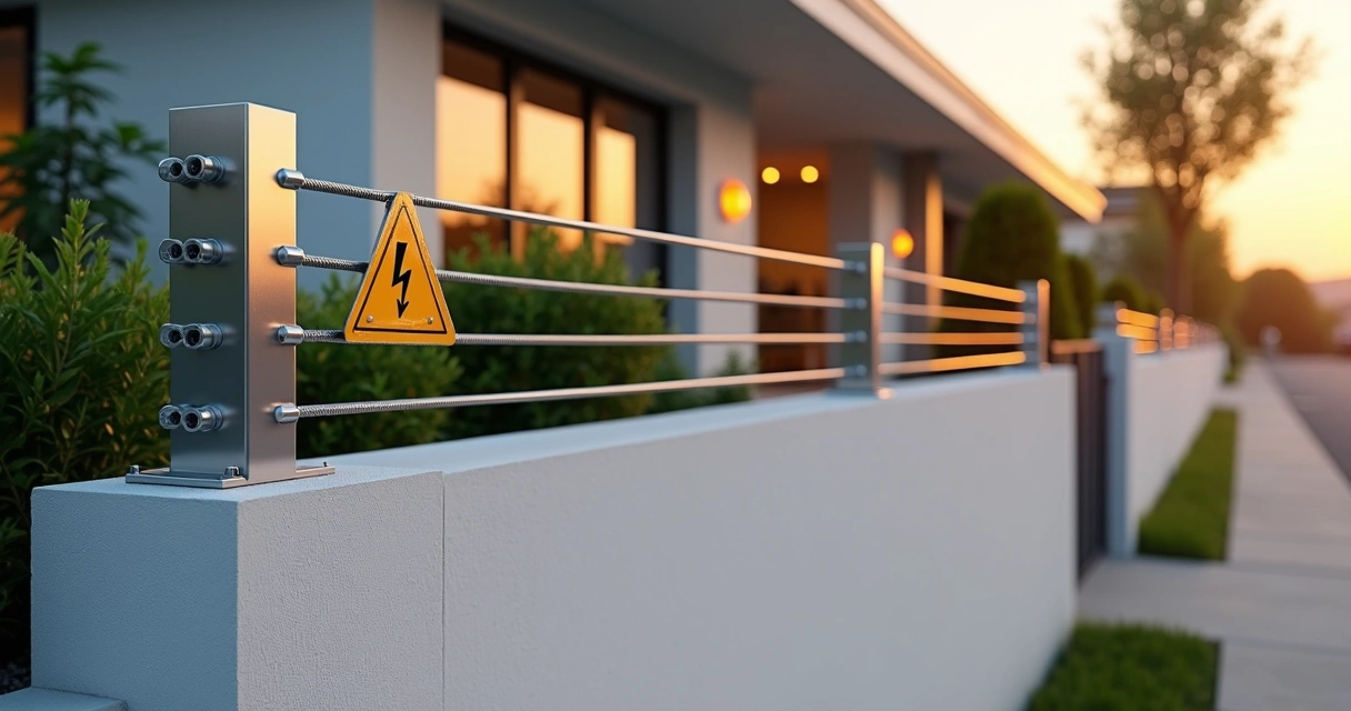 Cerca elétrica instalada sobre muro de residência moderna ao entardecer 