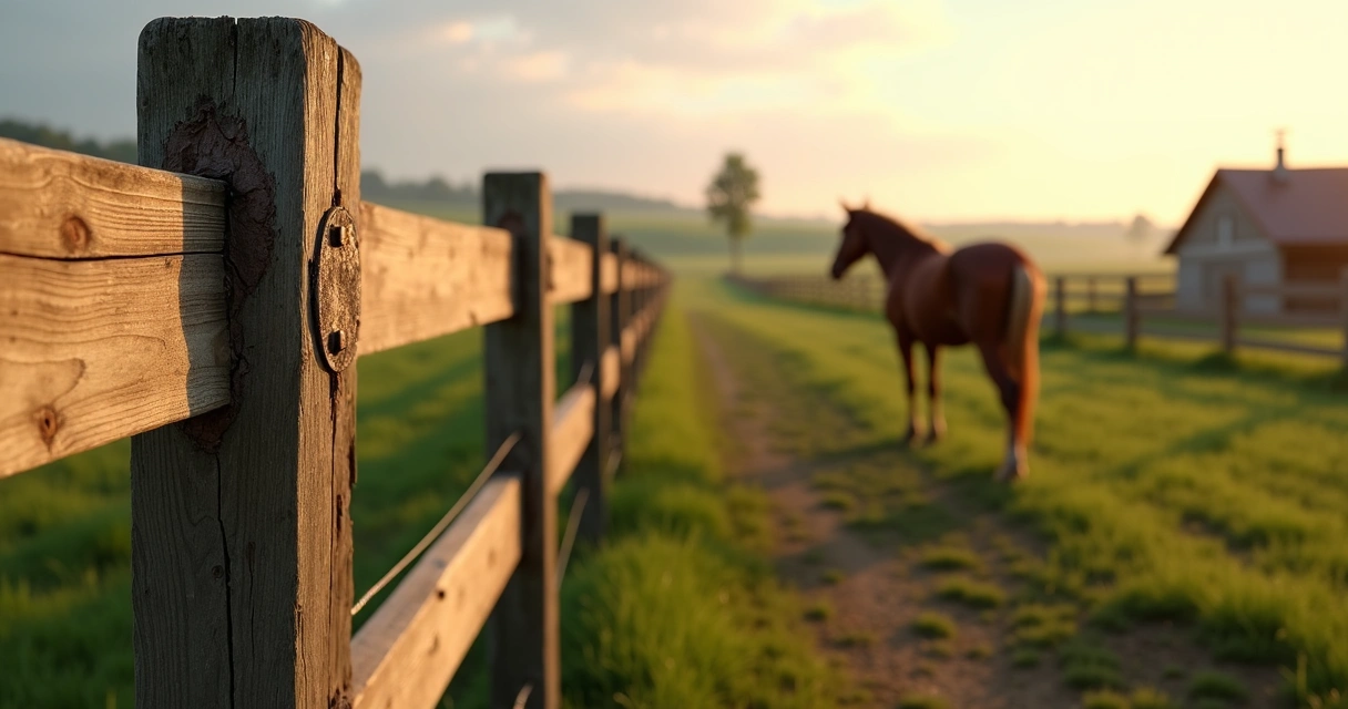 Cerca de haras com cavalo ao fundo durante inspeção de manutenção 