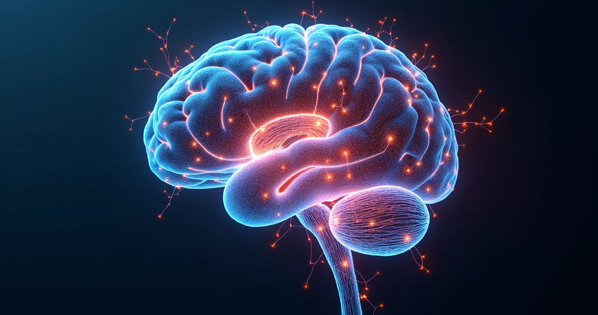 Representação abstrata de cérebro humano interligando diferentes áreas mentais e fluxos de pensamento, com elementos de luz e cor animados 