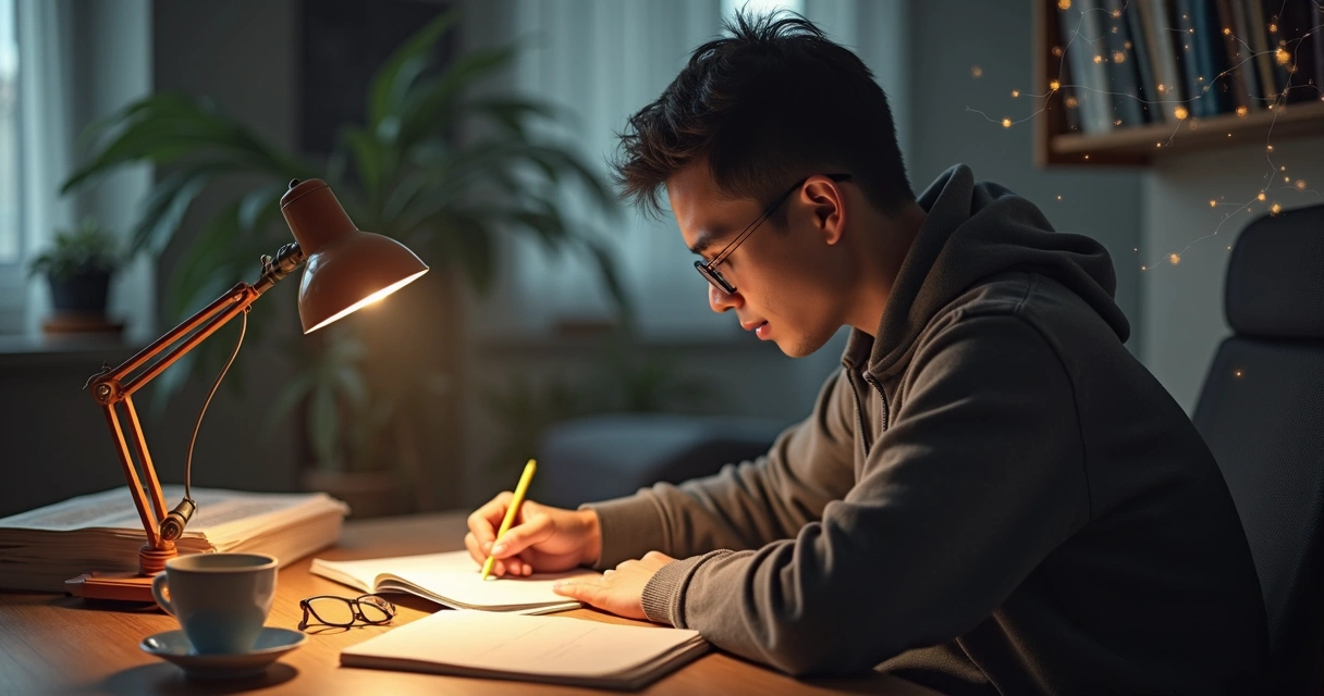 Pessoa adulta estudando com ilustração sutil do cérebro ao fundo 