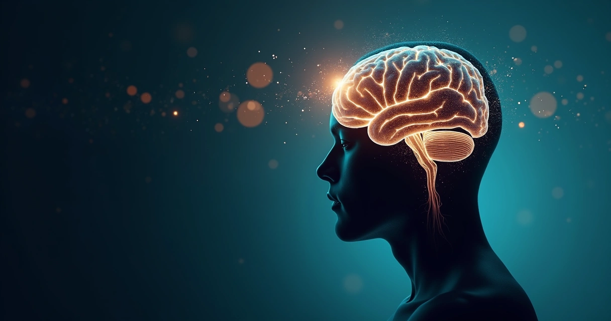 Cerebro humano iluminado junto a silueta adulta rodeada de ondas de color 
