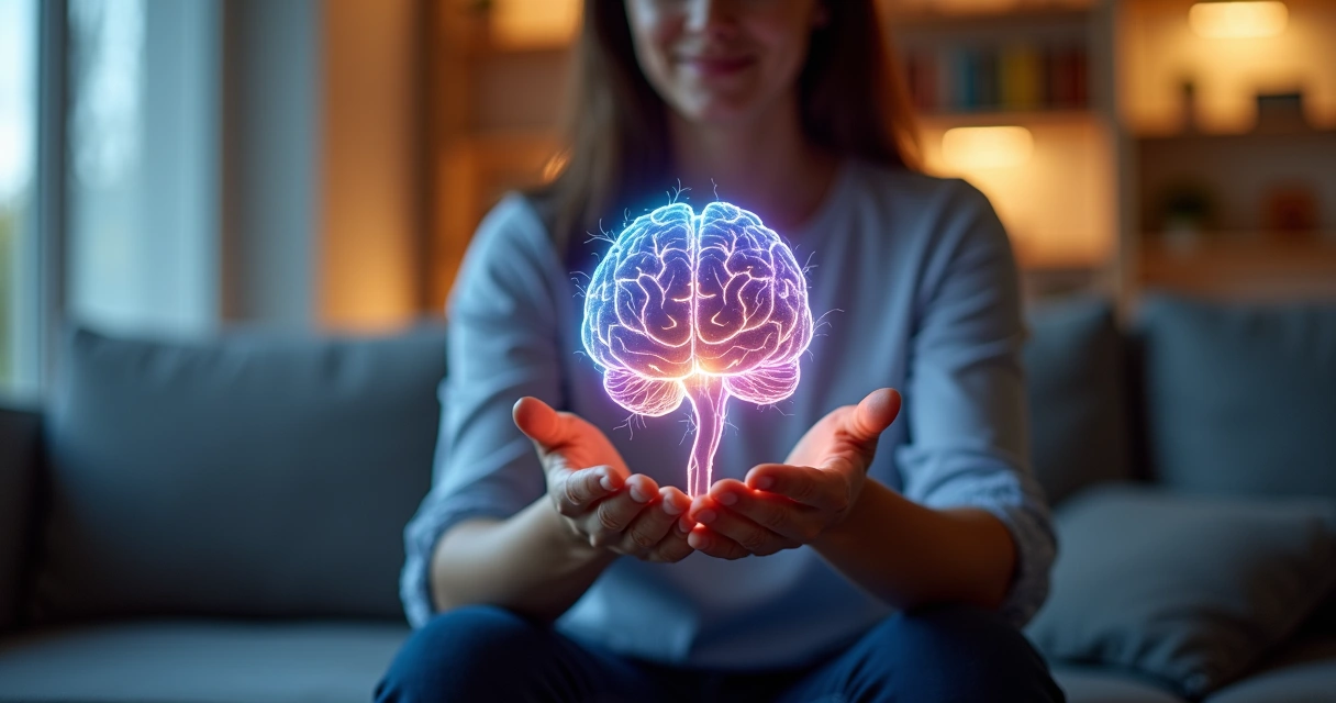 Cérebro humano brilhando nas mãos de um adulto sentado em reflexão 