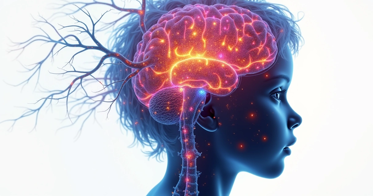 Ilustração colorida de um cérebro infantil com conexões em destaque, mostrando áreas ligadas à aprendizagem 