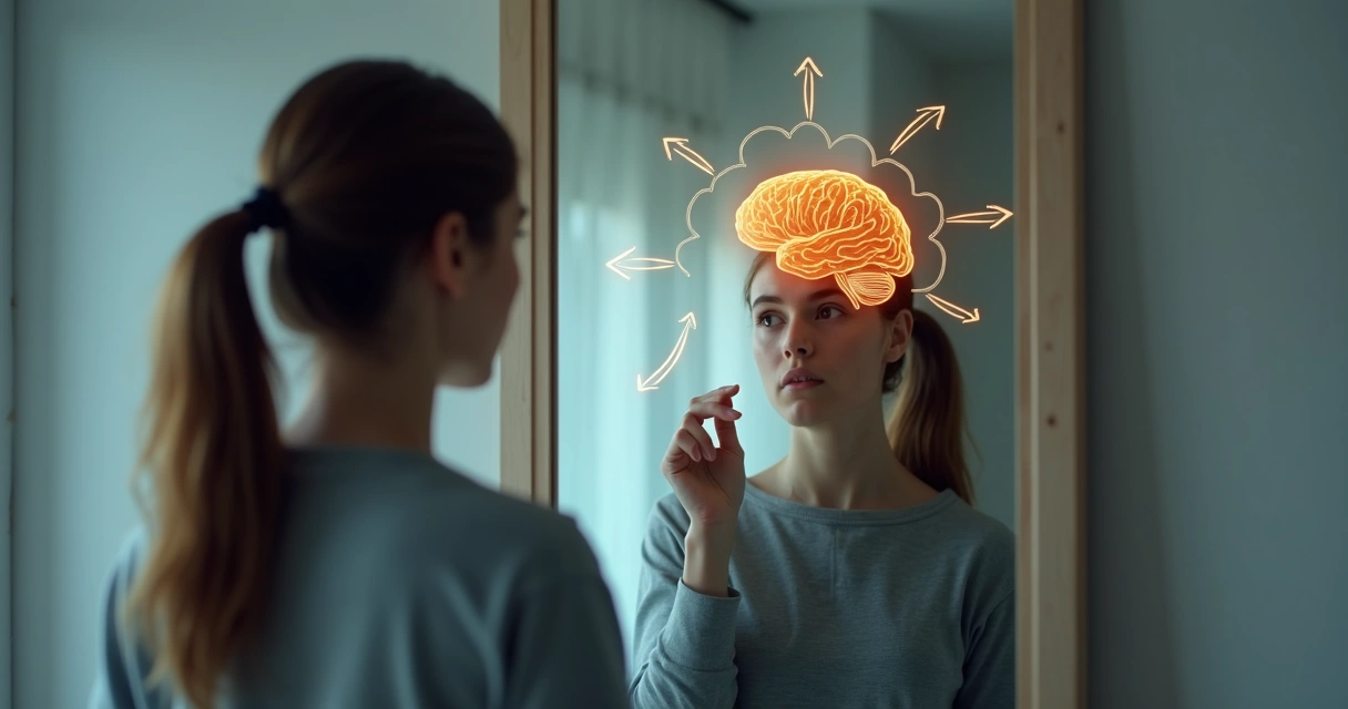 Pessoa olhando o próprio reflexo com sobreposição de cérebro e setas em direções opostas 