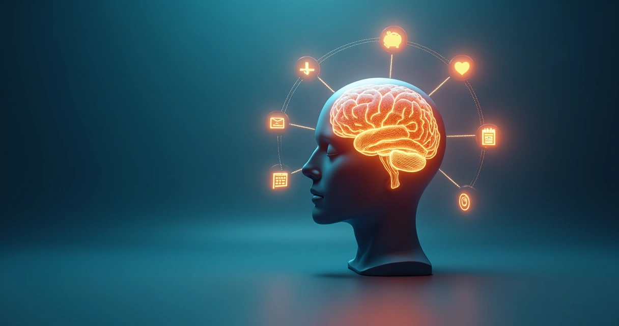 Cérebro humano iluminado com ícones de metas e recompensas ao redor 