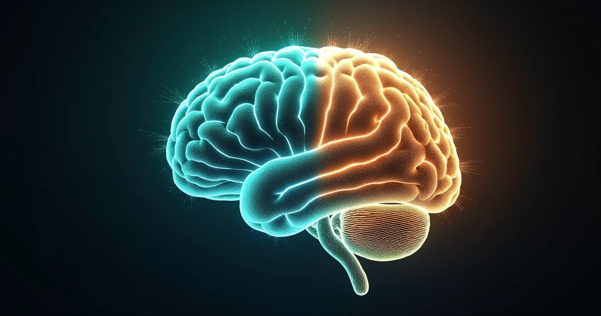 Cerebro humano con zonas iluminadas y colores que simbolizan ciencia y consciencia juntas 