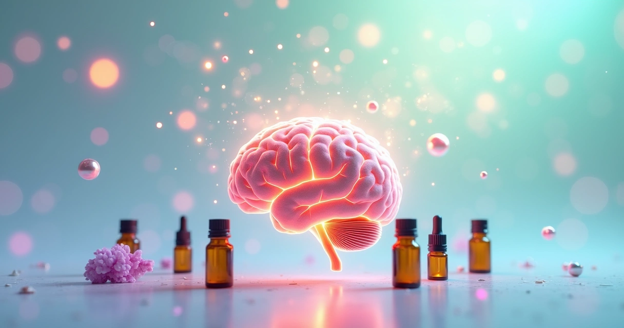 Cérebro humano em destaque com áreas iluminadas e frascos de óleos essenciais ao redor 