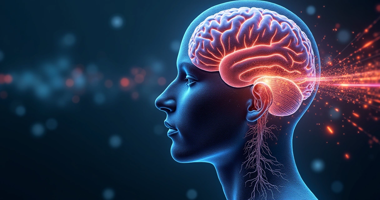 Cérebro humano em destaque com ondas sonoras coloridas representando áudios binaurais interagindo com áreas cerebrais 