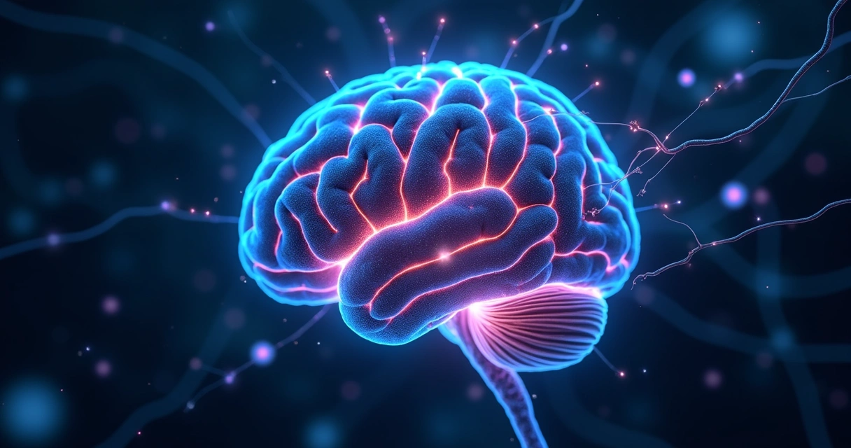 Cérebro humano com conexões neuronais iluminadas em fundo escuro detalhado 