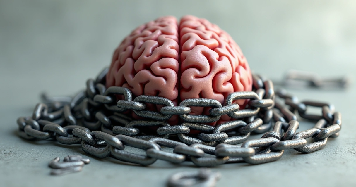 Cérebro humano cercado por correntes que simbolizam limitações mentais. 