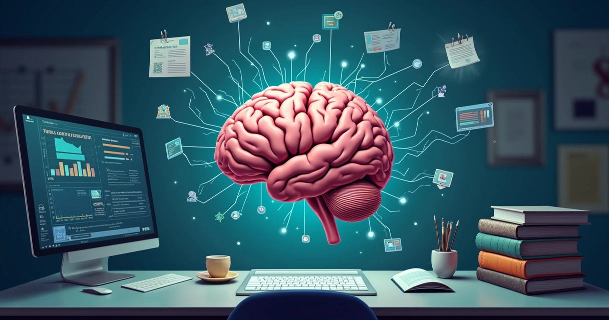 Cérebro humano interligado a elementos tecnológicos e profissionais, sugerindo conexão entre pensamento e trabalho 