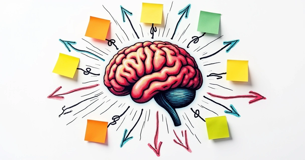 Cerebro dibujado rodeado de notas adhesivas y flechas, representando ideas