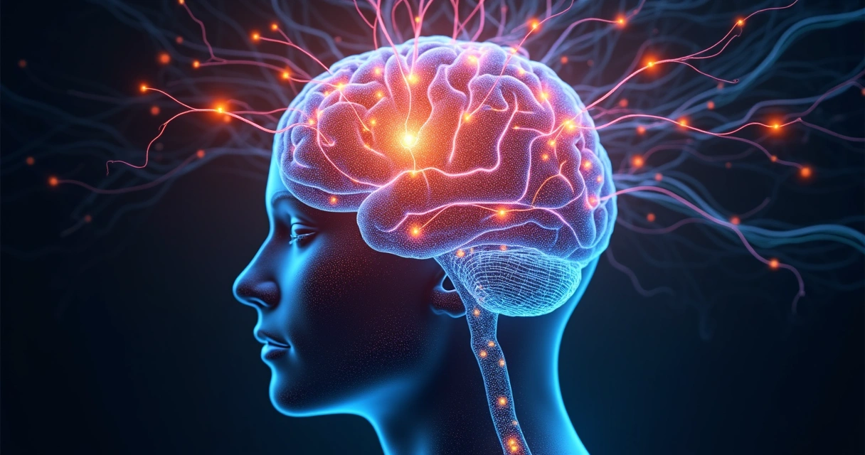Cerebro iluminado mostrando diferentes conexiones durante la meditación.