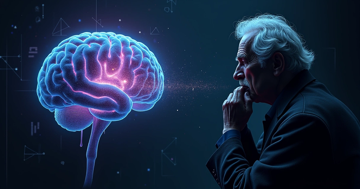 Cérebro em fundo escuro com silhueta de um pensador ao lado, mostrando conexão entre mente e corpo.