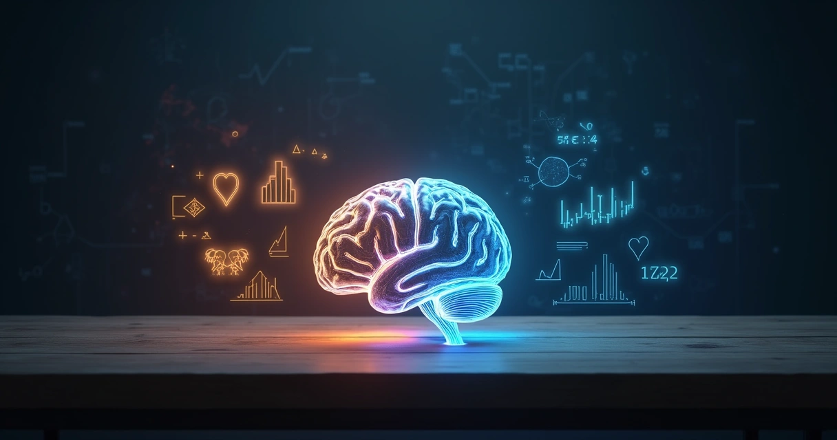 Cérebro humano em mesa iluminada com símbolos de emoção e razão em equilíbrio 
