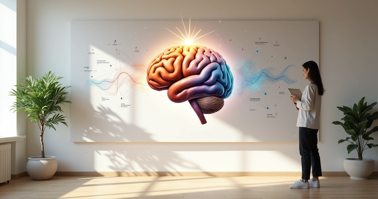 Painel com cérebro dividido integrando ciência emoção e espiritualidade 