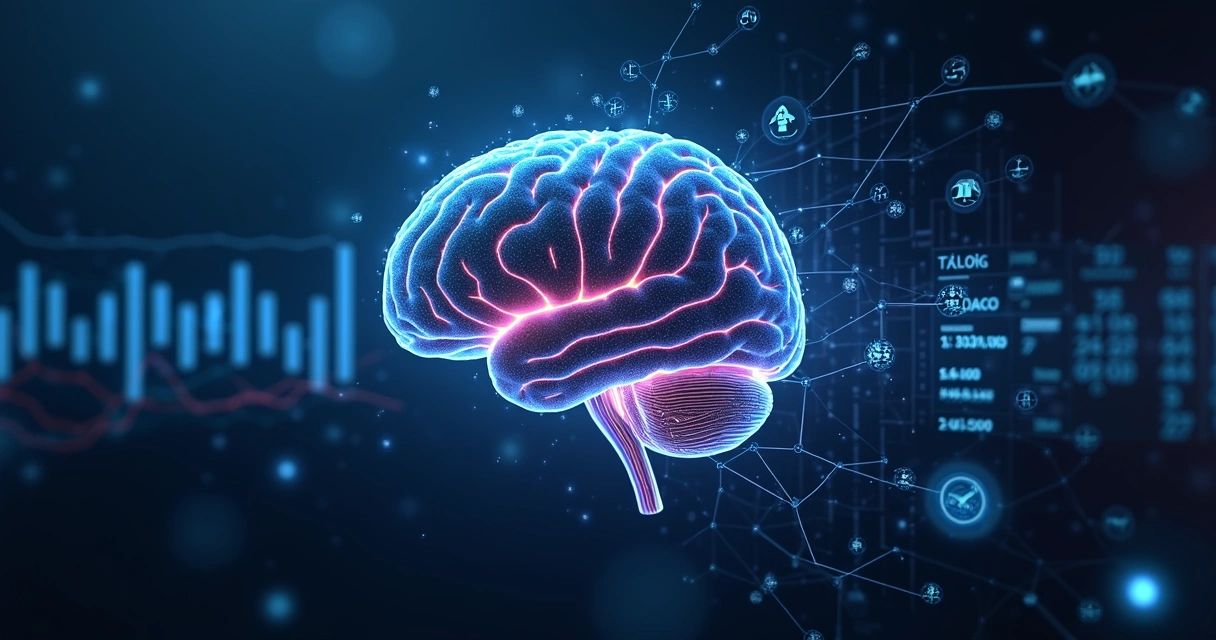 Cérebro humano com gráficos digitais e dados flutuando ao redor em fundo escuro 