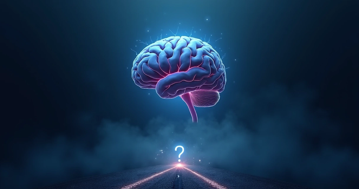 Cérebro humano em ambiente escuro diante de encruzilhada com caminhos indefinidos 