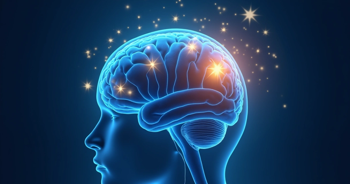 Ilustración de un cerebro humano sobre fondo azul con zonas iluminadas para las fases del sueño 