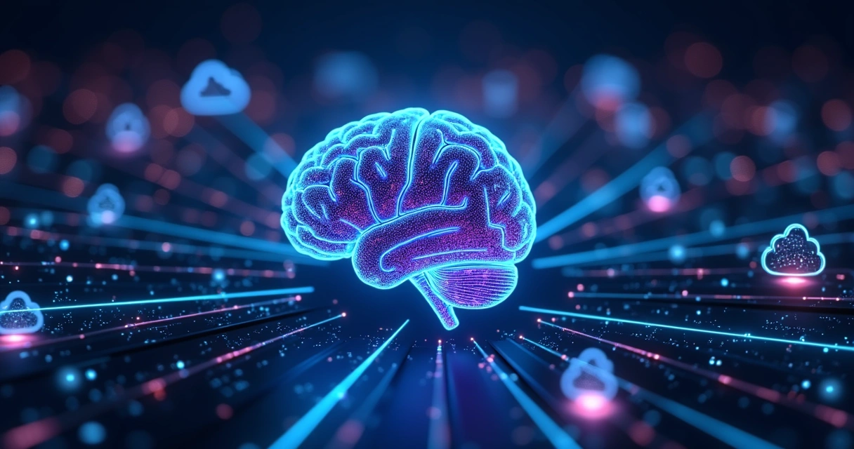 Cérebro digital em tons azul e roxo com linhas neon conectando dados na nuvem