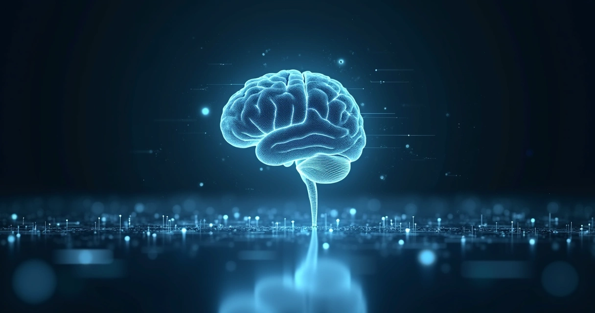 Representación artística de un cerebro digital iluminado flotando sobre fondo oscuro y calmado, luz suave alrededor 