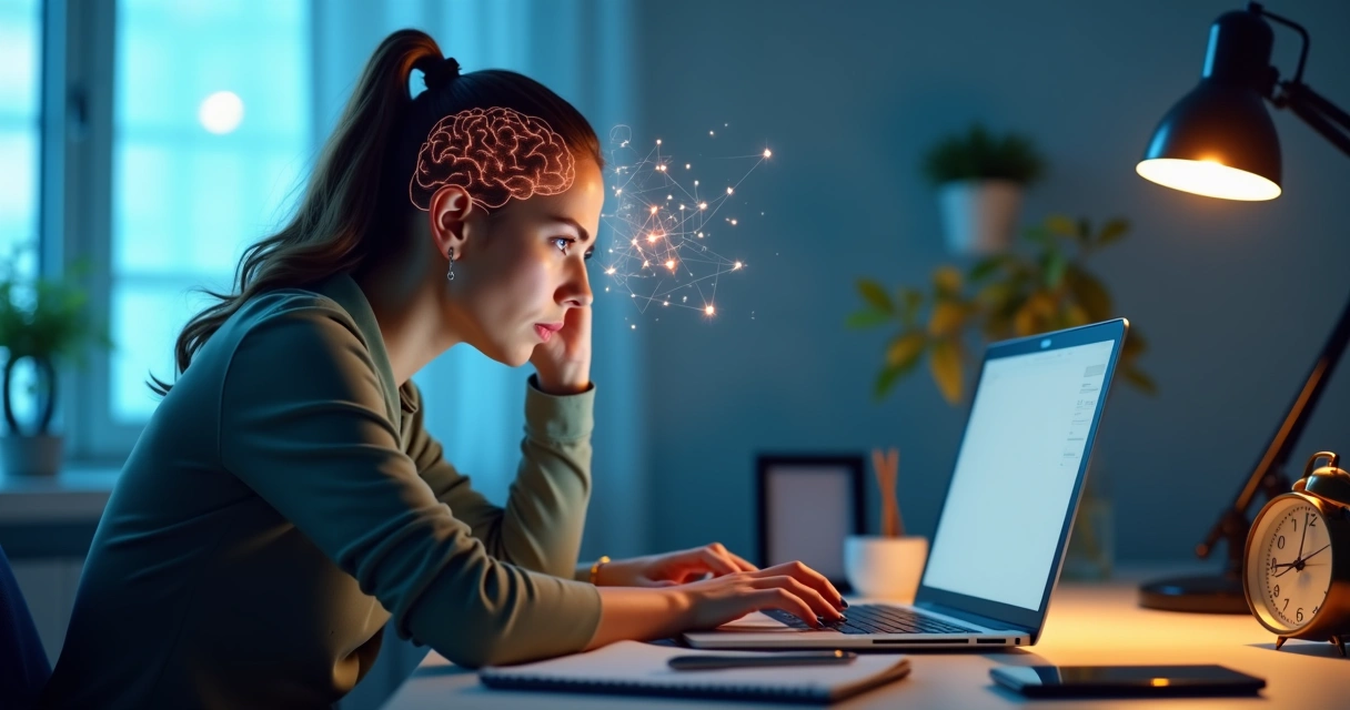 Pessoa diante do notebook com elementos visuais de distração e foco cerebral 
