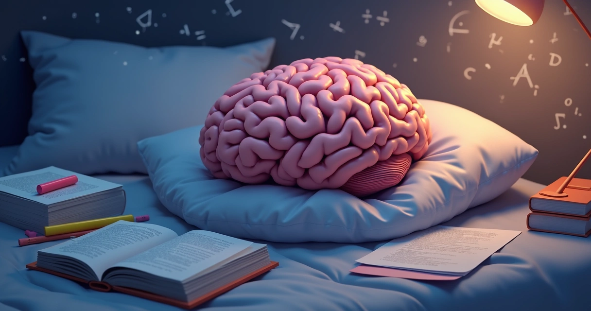 Desenho de um cérebro adormecido cercado por livros e provas