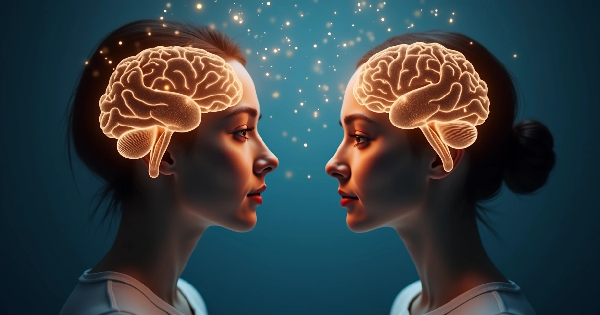 Ilustração realista de cérebro e conexão entre duas pessoas