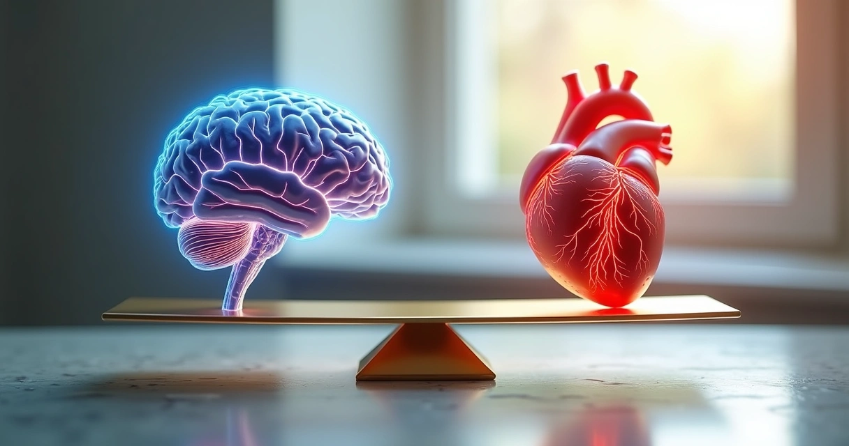 Ilustração de cérebro e coração equilibrados na balança