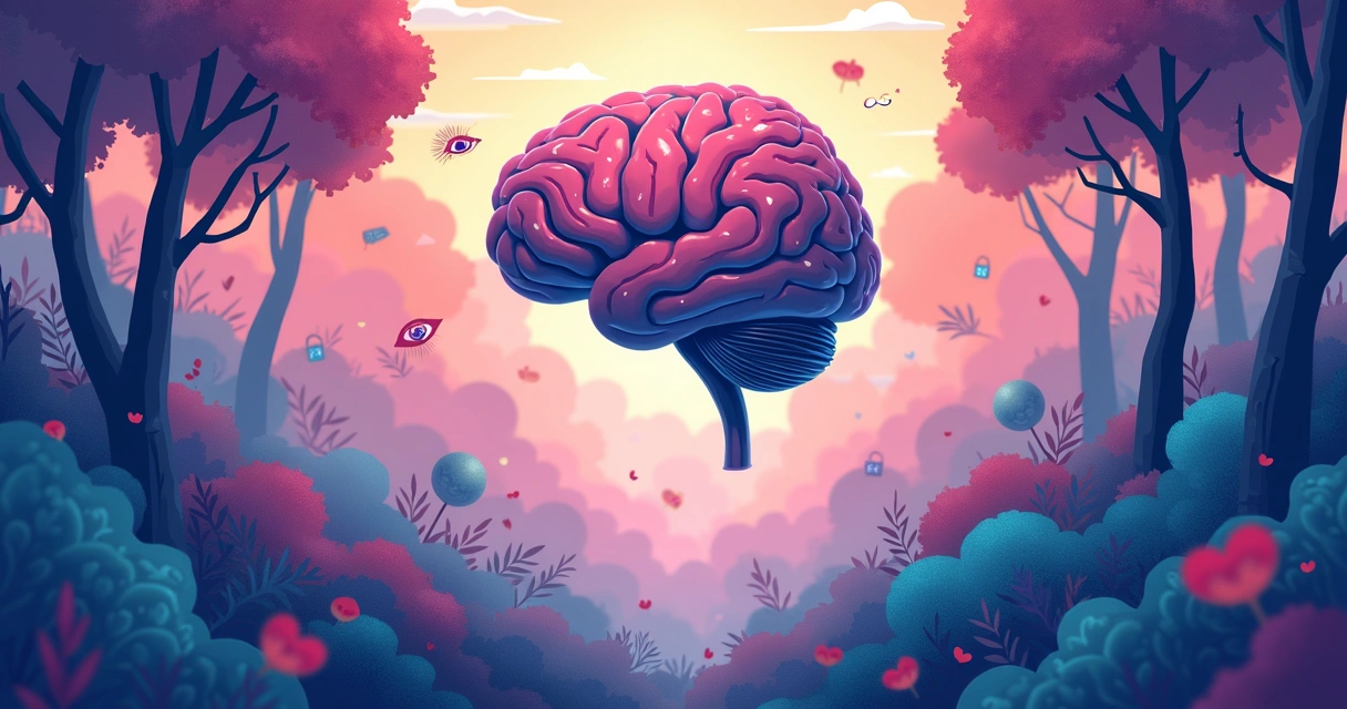 Cérebro humano flutuando acima de uma floresta colorida, representando níveis de consciência diferentes 