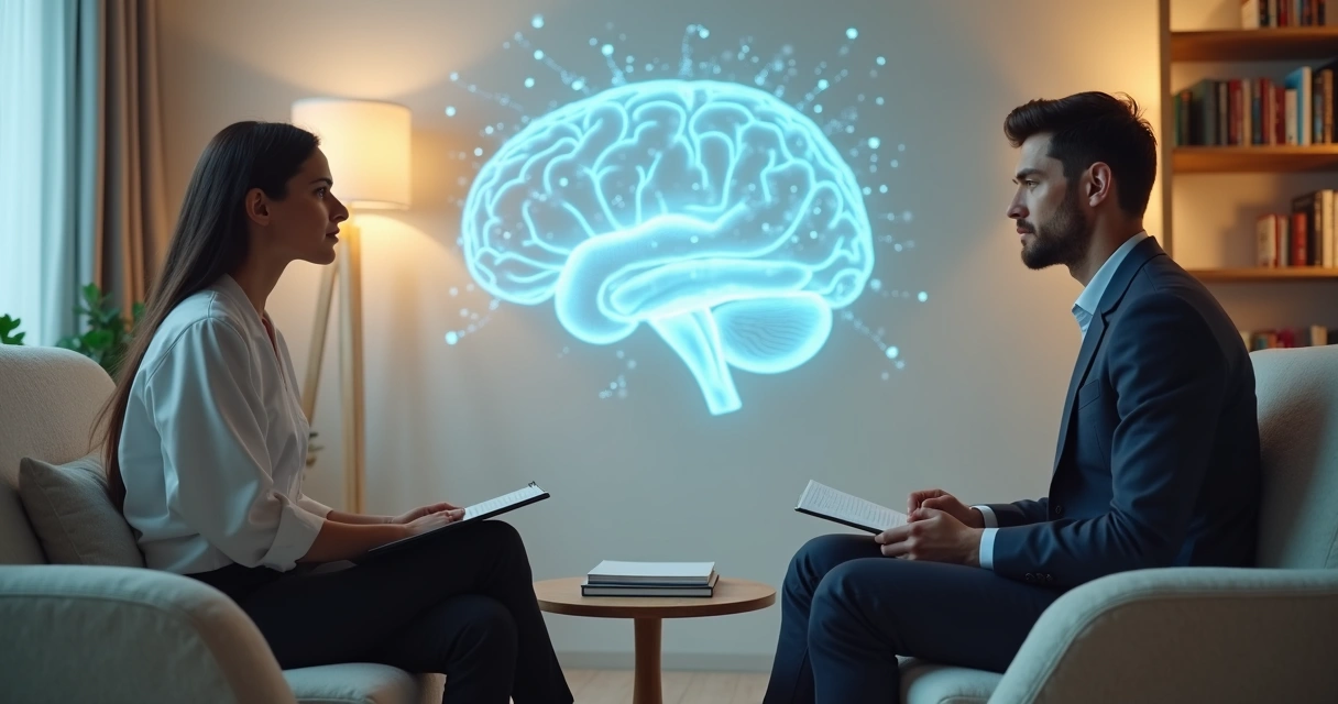 Pessoa em terapia com ilustração de cérebro ao fundo